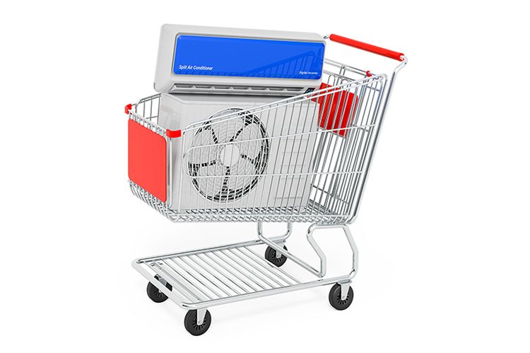 An air conditioner sits in a shopping cart. Purchasing the Right Air Conditioner.